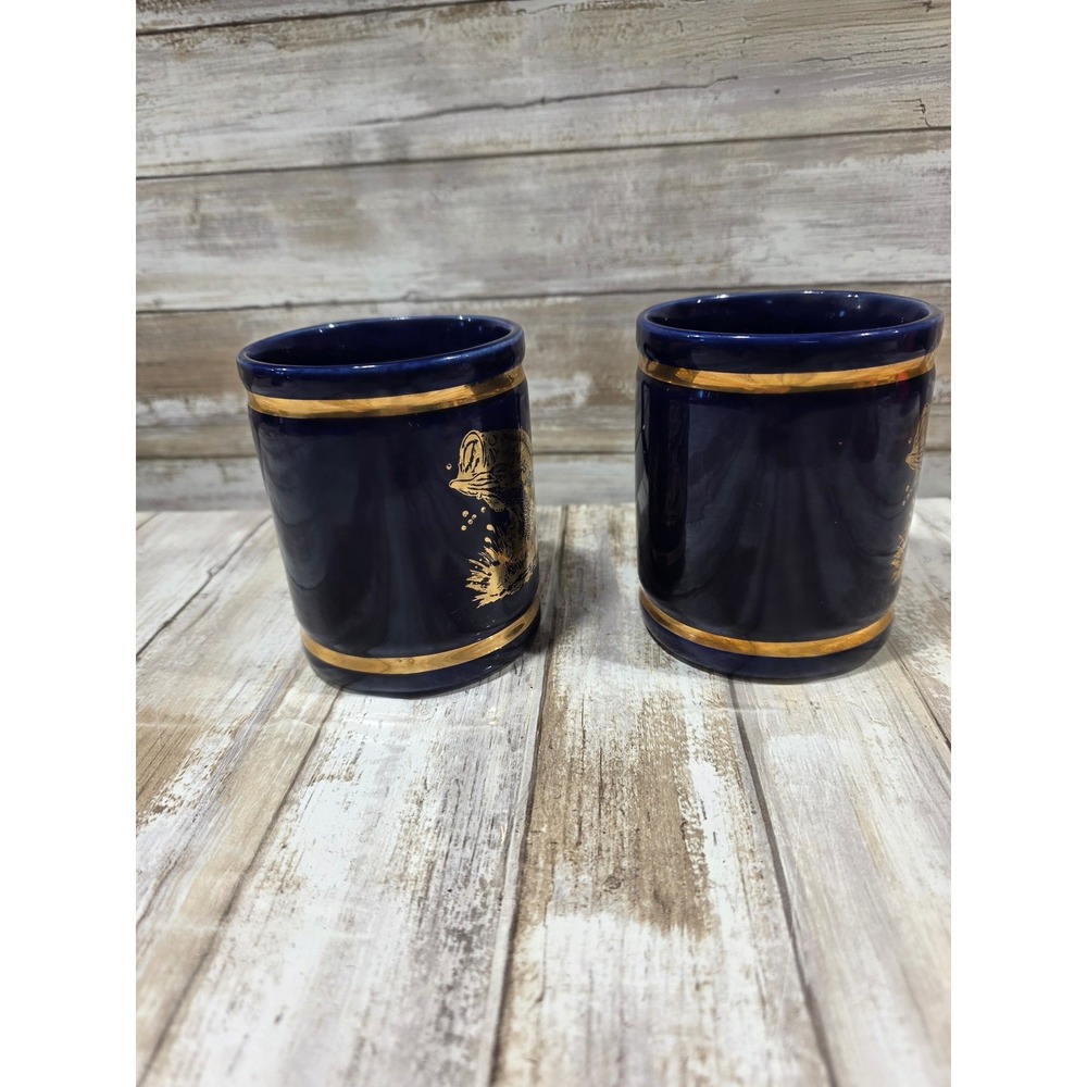 Set of 2 Navy Blue Ceramic Mugs with Gold Bass Fish Design and Gold Trim USA - Picture 5 of 9